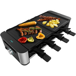 Електричний гриль-рашетниця Cecotec Raclette Cheese&Grill 16000 Inox Black для 8 осіб, 1400 Вт, з регулюванням температури та антипригарним покриттям, 40 x 22 см, 8 сковородок та 8 лопаток