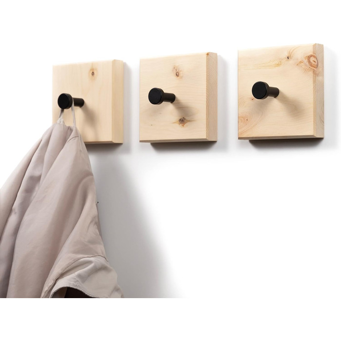 Квадратні дерев'яні гачки для одягу I ручної роботи в Баварії I окремо або як вішалка для одягу I вішалка для одягу гачок вішалка для рушників (штука, ) (3, швейцарська кам'яна сосна, чорні гачки)