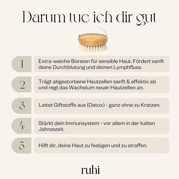 Щітка для тіла / суха щітка RUHI SOFT, 100 натуральна щетина, виготовлена в Німеччині, букова деревина, сертифікована FSC, без пластику, для сухого масажу та лімфодренажу, проти целюліту.