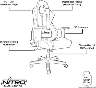 Ігрове крісло NITRO CONCEPTS S300 - ергономічне офісне крісло, вантажопідйомність 135 кг, стелс чорний, PU шкіра