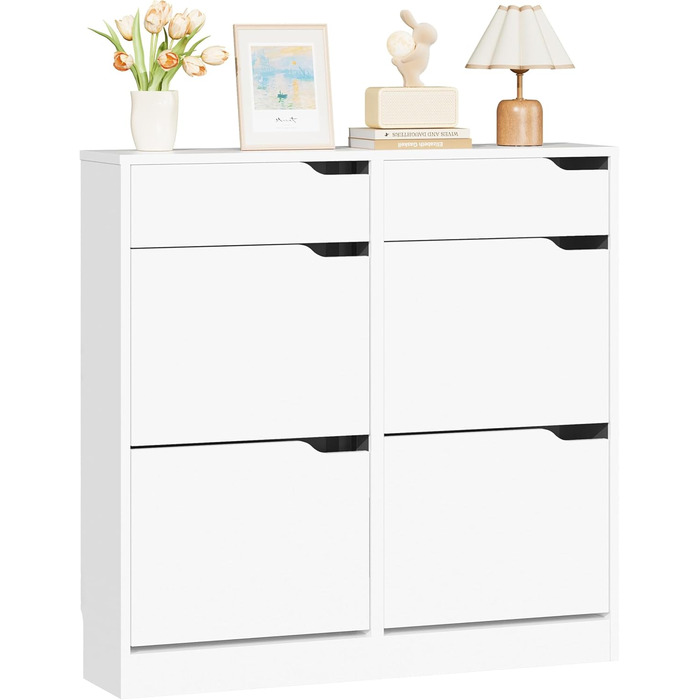 Шкаф для взуття IRONCK з 4 дверцятами, вузький, з 2 висувними ящиками, окремо розташований, з регульованими перегородками, для передпокою, входу та вітальні (Білий) 100*23.5*98 см, Білий