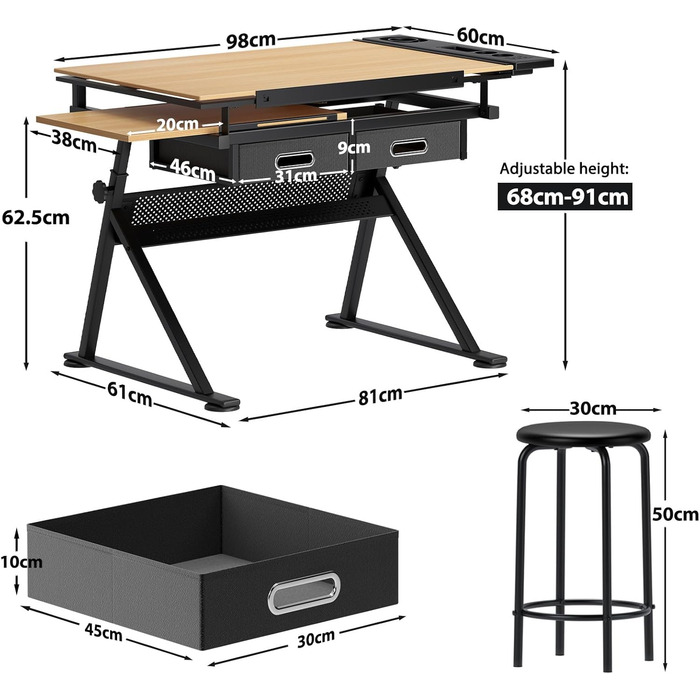 Регульований стіл для малювання та роботи, з хокером та ящиками. Ідеально для техніків, архітекторів та студентів мистецтв