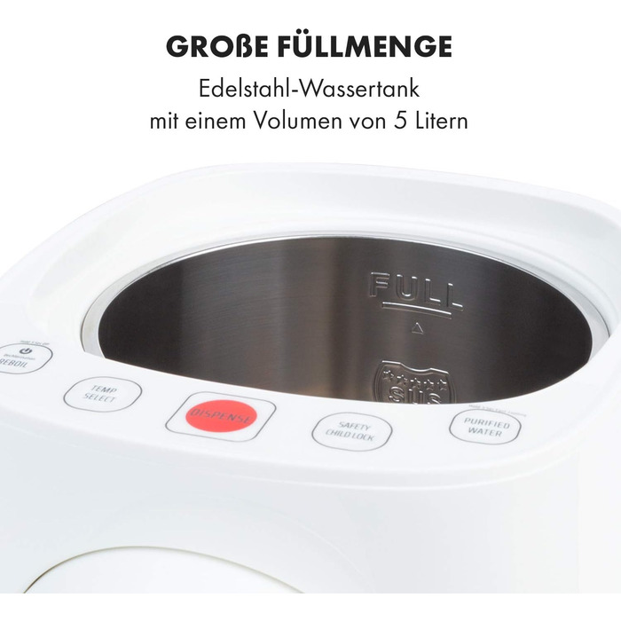 Klarstein Hot Spring Plus: Дозатор гарячої води, 5 л, LCD-дисплей, 45-95°C, нержавіюча сталь, захист від сухого кипіння та перегріву, блокування від дітей