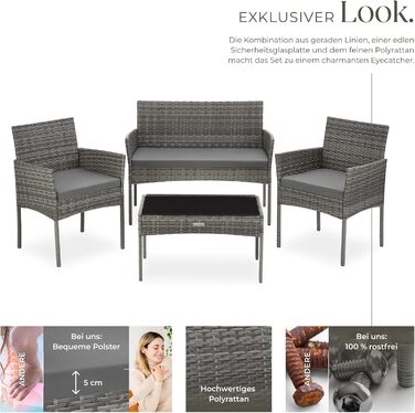 Набір садово-розкладних меблів tectake® з ротангу: банкетка, 2 крісла, столик, подушки, для балкона/тераси (сірий)