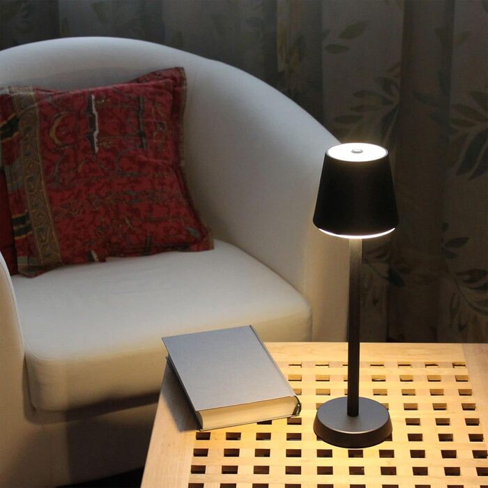 LED настільна лампа з акумулятором 2400 mAh, 16 світлодіодів, 3 режими яскравості, IP54, білий колір, чорний корпус (10,7 x 10,7 x 39 см)