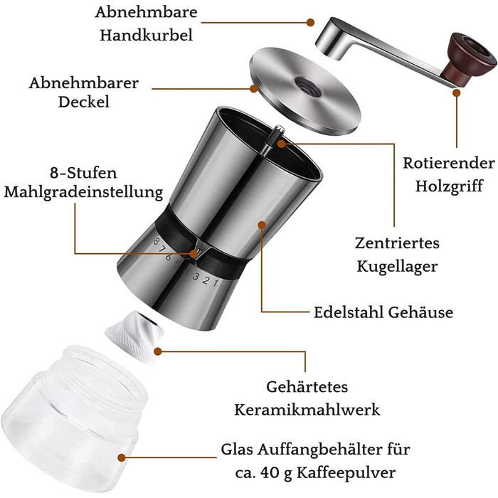 Ручна кавомолка з 8 ступенів помелу – кавомолка з нержавіючої сталі з керамічним жорном для еспресо, фільтра та френч-прес – велика ручна кавомолка для дому та офісу, срібна, кераміка