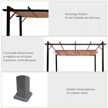 Альтанка Outsunny Pergola 3 x 4 м з регульованим тканинним дахом з алюмінію, сонцезахисним навісом для тераси та саду в сірому та коричневому кольорах