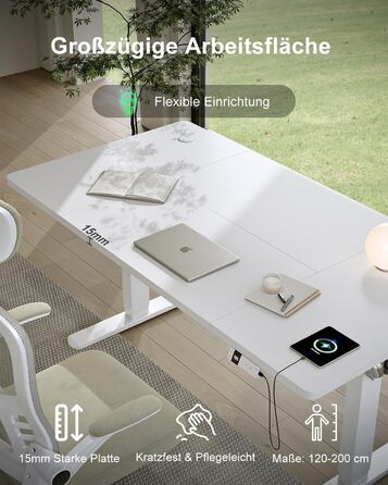 Електричний стіл Devoko з регулюванням висоти 200x80 см, білий, з USB-C зарядкою та органайзером для кабелів