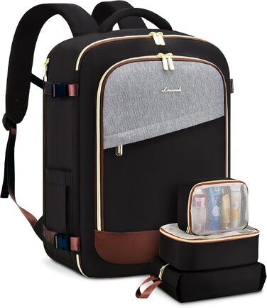 LOVEVOOK Рюкзак для ручної поклажі, дорожній рюкзак для жінок, водонепроникний, з відділенням для взуття, 17-дюймовий ноутбук, 40L, 45x36x20 см, Carry on Luggage (Чорний+сірий+коричневий)