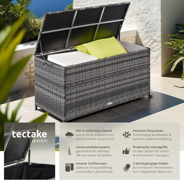 Скриня для саду Tectake з ротангу (поліротанг) чорна, 297л, 117x54x64 см - водонепроникна, з кришкою, на колесах, для тераси, балкону