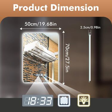 Дзеркало Bellanny LED з підсвічуванням 60 см | Настінне дзеркало для ванної кімнати, комодний дзеркало | Дзеркало для макіяжу з сенсорним вимикачем, 3 кольори світла, регульована яскравість, проти запотівання, IP44, горизонтальне/вертикальне (прямокутне -