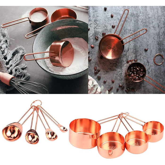 Набір мірних глечиків і ложок з 8 предметів, сталь, пряжка, кухонне приладдя (рожеве золото)