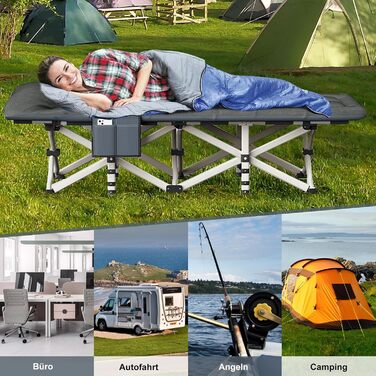 Розкладне кемпінгове ліжко CALIYO, польове ліжко для гостей до 200 кг, 190 x 68 x 40 см, з сумкою для зберігання, чорне