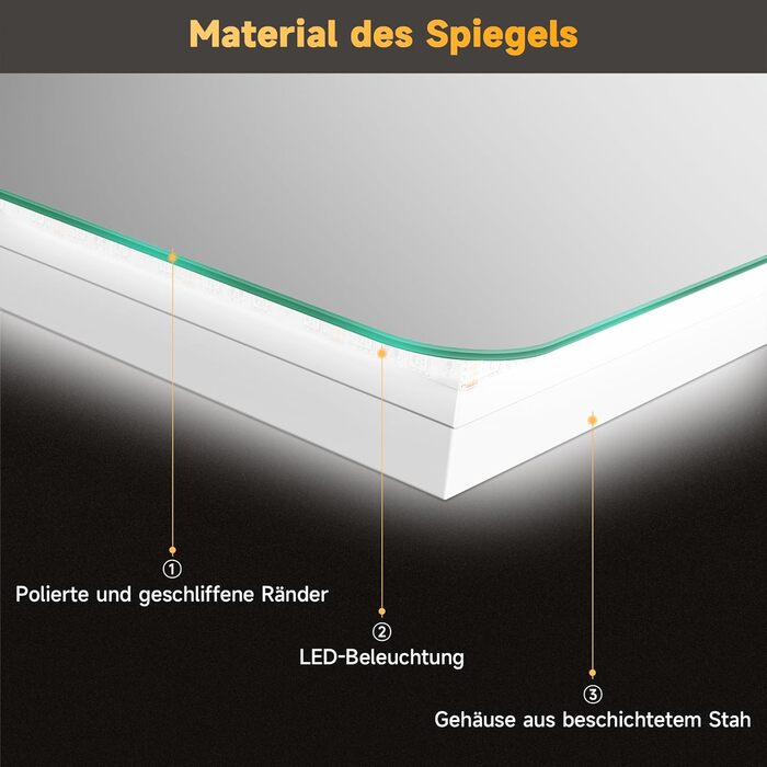Дзеркало для ванної кімнати SONNI LED 50x70 см з LED-підсвічуванням, сенсорним керуванням, 3 кольори світла, проти запотівання та функцією пам'яті. Білий колір.