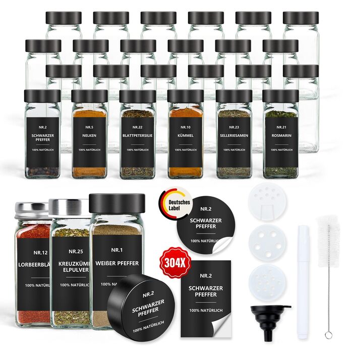 Набір кутових банок для спецій з етикетками (24 шт.): скляні дозатори для спецій 120 мл з ситечком, вологостійкі етикетки, органайзер для спецій у шухляду, чорний колір
