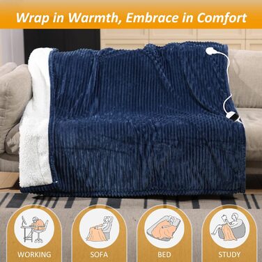 Електрична ковдра ITSHINY 180x135 см з цифровим регулятором, 6 режимів нагріву, таймер 1-10 годин, захист від перегріву, пральна, м'який фланель (Блакитна)