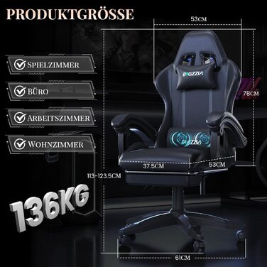 Ігровий крісло Bigzzia з масажем та підніжкою, ергономічний, регульована спинка 90-135°, чорний