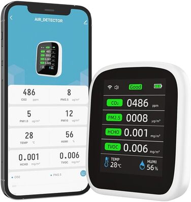 Портативний тестер якості повітря Irfora Tuya WiFi 8 в 1: PM1.0, PM2.5, PM10, CO2, TVOC, HCHO, температура, вологість, LCD-дисплей