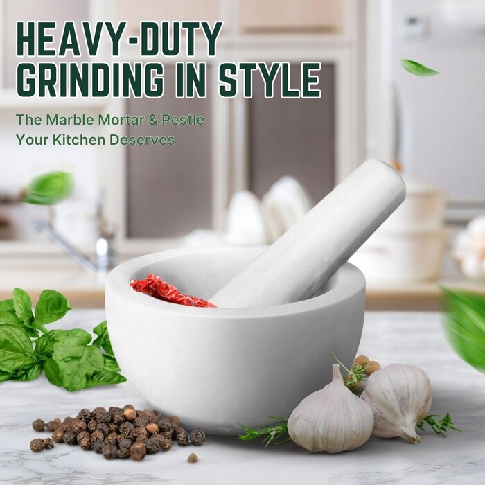 Мраморний ступка з товкачем Flexzion 14 см - набір для спецій, кухонний прилад, білий