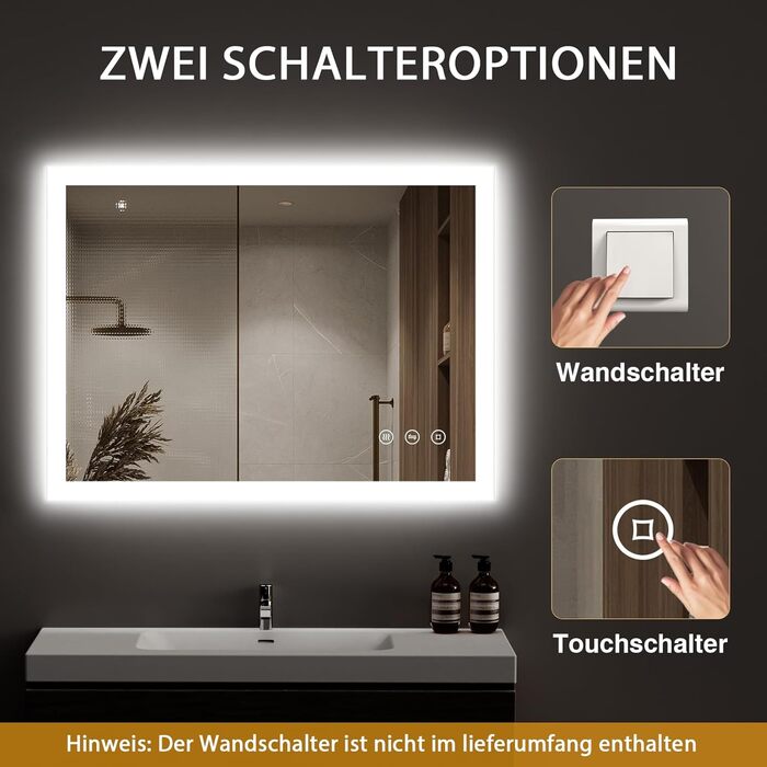 LED дзеркало для ванної кімнати 80x60 см з підсвічуванням, 3 кольори світла, регулювання яскравості, антизапарник, сенсорне керування, пам'ять, IP44, вологостійке