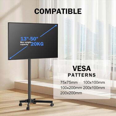 Підставка для телевізора XINLEI, телевізійна візок для телевізорів 13-50 дюймів, регульована висота, кут нахилу 30°, з колесами, VESA 200x200 мм, ML1350