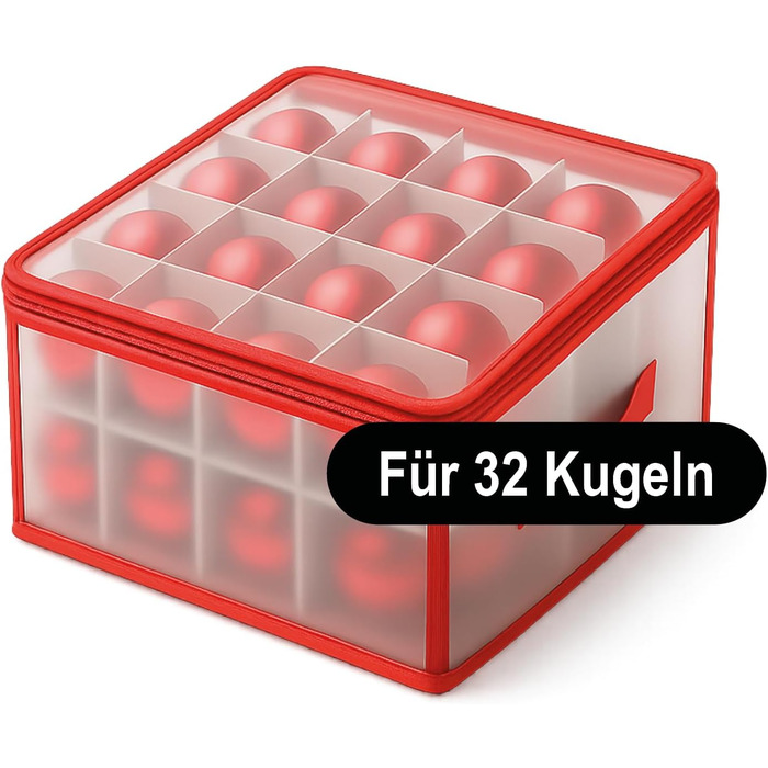 Коробка для зберігання 32 ялинкових прикрас Com-Four® - Сортувальник для ялинкових кулі та новорічного декору - Прозора/Червона