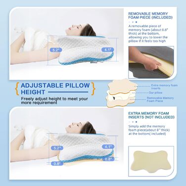 Ортопедична подушка для шиї з Memory Foam, регульована, ергономічна, для комфортного сну, без запаху, блакитна