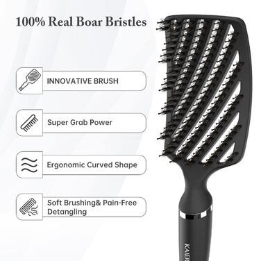 Щітка Kaiercat Boar Hair Brush - розплутує густе волосся, швидше висихає, 100 натуральна щетина (чорна)