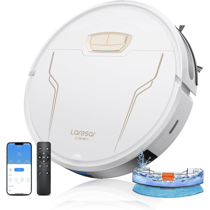 Робот-пилосос Laresar Clean з функцією миття, 4000Pa, 150 хв роботи, керування через додаток, для твердих підлог, килимів та шерсті тварин (білий)