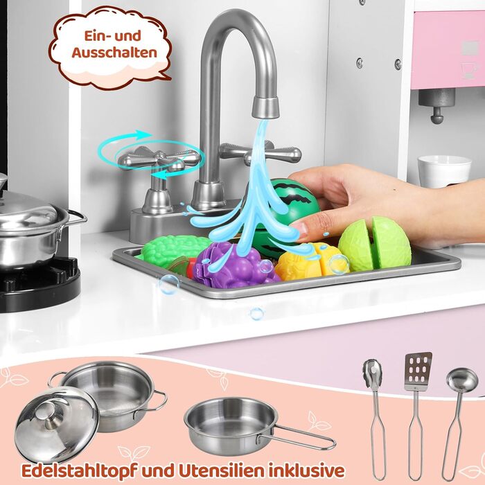 Дерев'яна дитяча кухня MAMIZO з підсвічуванням та звуком, іграшкова кухня для дітей, 90x30x90 см, з аксесуарами та 2 ящиками, іграшка для дітей від 3 років (Рожева)