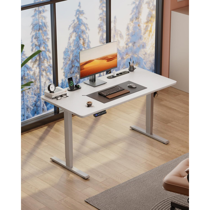 Регульований стіл з USB-зарядкою та розеткою, 100 × 60 см. Електричний стіл, регульований комп'ютерний стіл з 3-функціональною пам'яттю, білий. 100 x 60 см