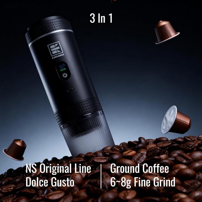 Портативна електрична кавомашина Everange для еспресо, приготування кави з меленої кави та капсул, з LCD-дисплеєм (зелена та чорна)