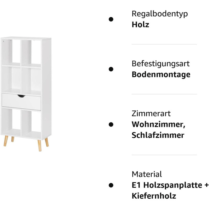Книжкова шафа EUGAD Книжкова шафа Перегородка Полиця для зберігання Полиця для зберігання Стояча полиця з ящиком з ніжками з МДФ, 6 відділень, білий, 50x1224см 0012SHG