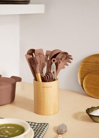 Набір кухонних аксесуарів 11 предметів, кремово-білий, силікон та бука, BPA-free, стійкий до 230°C