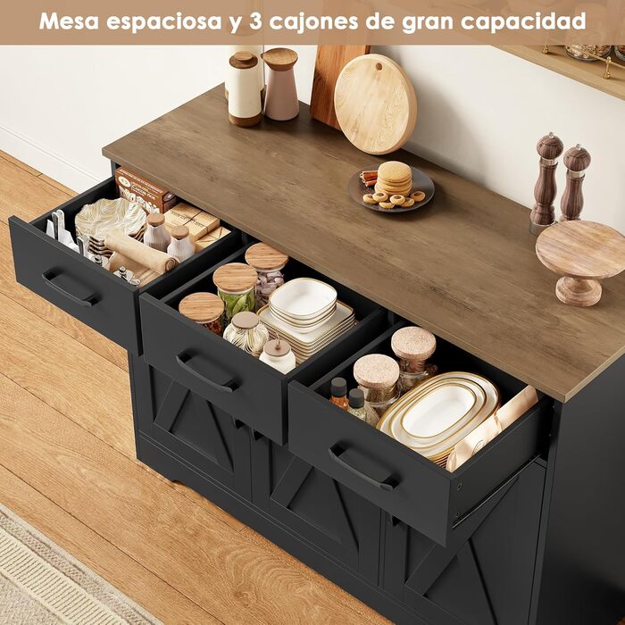 HOCSOK Комод-буфет з 3 висувними ящиками та 3 дверцятами для кухні, вітальні, їдальні. З робочою поверхнею, дерево, білий & коричневий (чорний/коричневий)