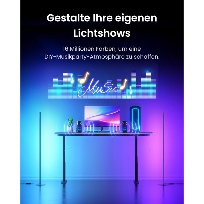 SwitchBot Matter Підлоговий світильник для вітальні та спальні, RGBWW, димування, Apple Home, Alexa, Google Home, керування через APP, музичні та сценні режими, чорний