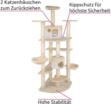 Кігтеточка для кішок tectake XXL для котів, з аксесуарами, 2 котячі печери, висота до стелі, бежевий/білий