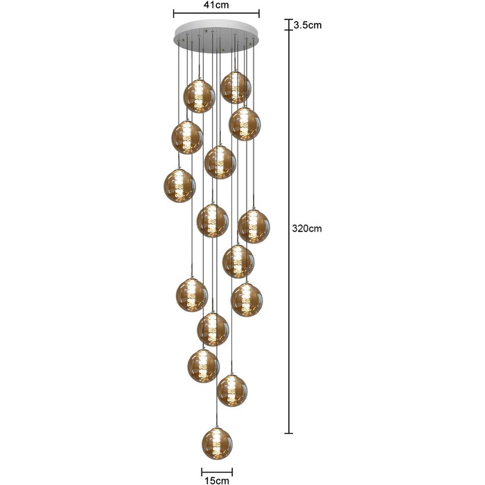 Регульований по висоті підвісний світильник на 15 полум'я зі скла, бурштину, для їдальні та вітальні