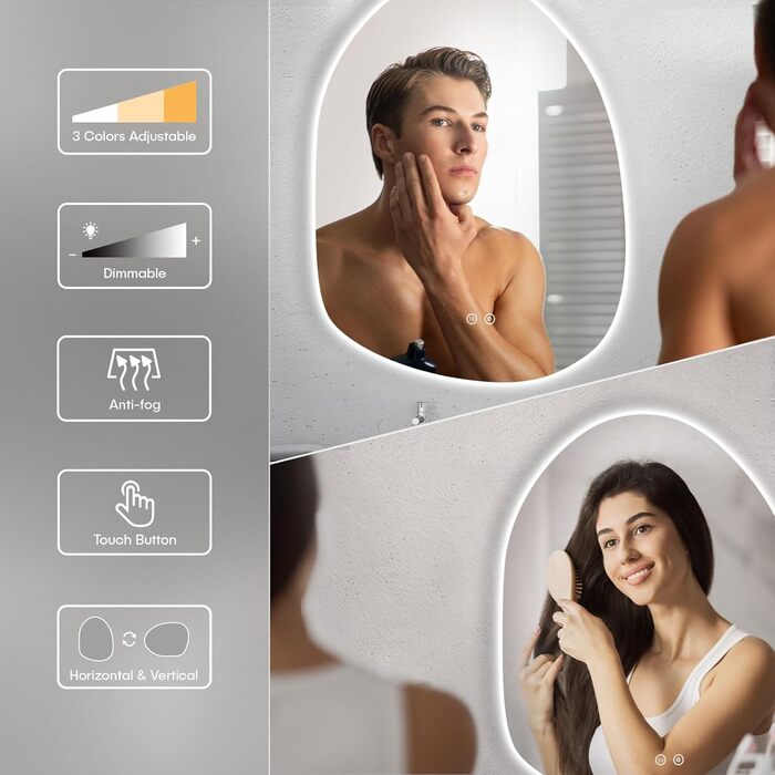 Дзеркало для ванної кімнати Dripex LED з підсвічуванням, сенсорне керування, регулювання яскравості, 3 кольори світла, без запотівання, 85x52 см