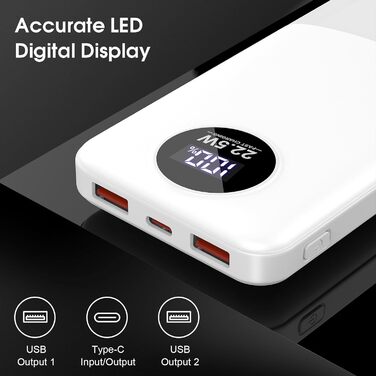 Порти, світлодіодний, для Harmony, iOS, Android (білий), 10000mAh, 22.5W PD QC 3.0, USB C, 3