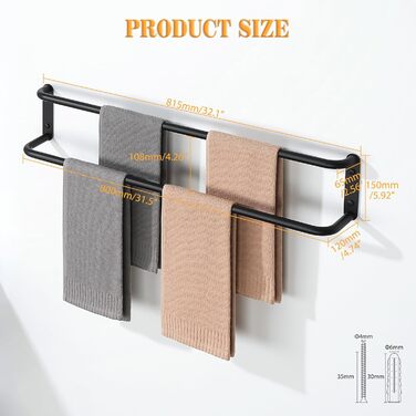 Тримач для рушників подвійний, 80 см, нержавіюча сталь 304, чорний колір, для ванної кімнати та кухні