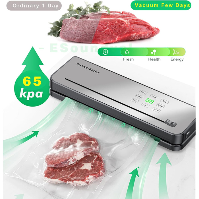 Вакууматор для продуктів ESoundvol 8-в-1 з LED-дисплеєм, вбудованим різаком та контролем температури, 10 пакетів у комплекті