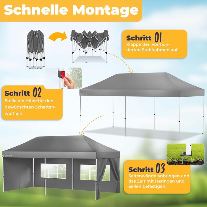 Павільйон KESSER® 6x3м з 6 знімними стінками, для саду, регульована висота, водовідштовхувальний, з сумкою, анкери, Pop-Up система, захист від UV 50+, для вечірок, антрацитовий колір