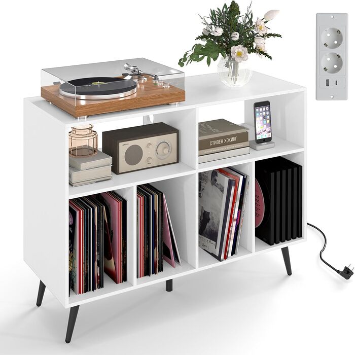 Підставка для програвача COSTWAY з зарядною станцією, тумба для програвача з полицями для зберігання вінілу, стіл для зберігання платівок з 5 металевими ніжками, комод для вітальні, музичної кімнати (білий)