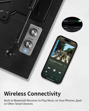 Вініловий програвач ANGELS HORN з Bluetooth, вбудованими колонками та фонокоректором, підтримка 33/45 об/хв, голка AT-3600L, чорний