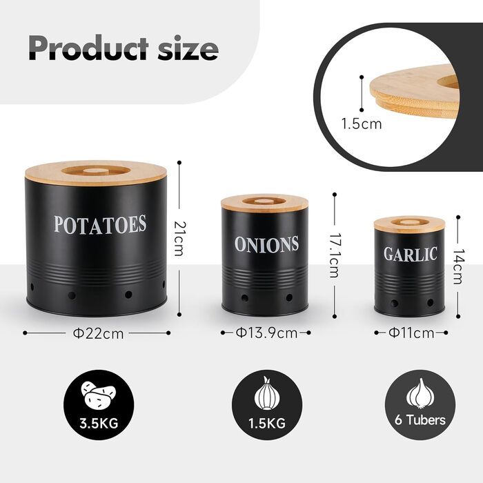 Набір контейнерів для зберігання картоплі, цибулі та часнику Lannvan | 3 шт. з бамбуковим кришками | З вентиляцією та захистом від світла (чорний)