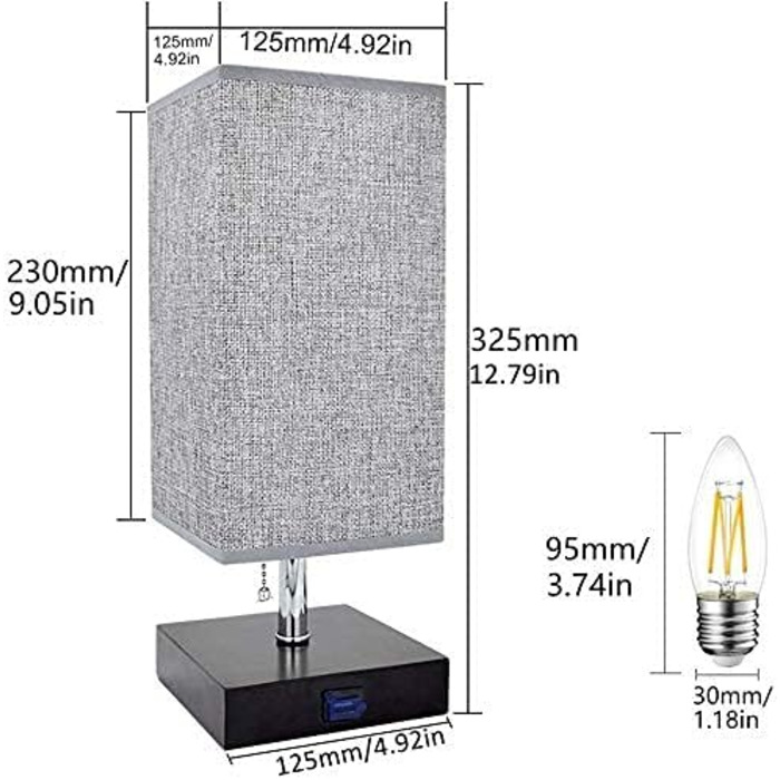 Світлодіодна настільна лампа Depuley E27 з USB, теплий білий 3000K, дерево, EU Plug & Pull Switch, USB сірий