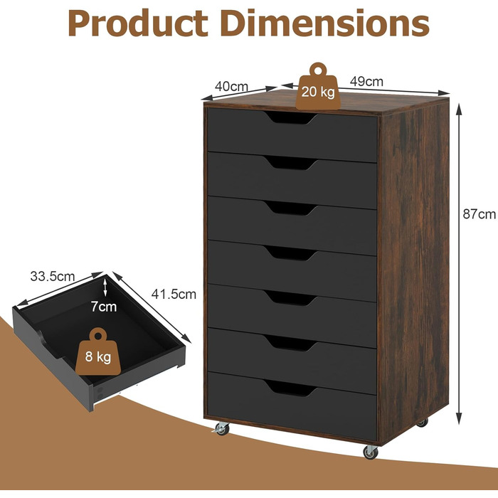 Роликовий контейнер KOMFOTTEU з шухлядами, мобільний офісний шафчик, шафка для документів на колесах, білий офісний візок, шафка для паперів та документів (Коричневий)