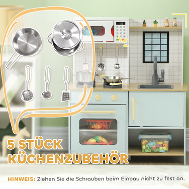 Дитяча кухня-ігровий набір з мікрохвильовою піччю, плитою та духовкою, кухонним посудом, виготовлена з МДФ та нержавіючої сталі, блакитна.
