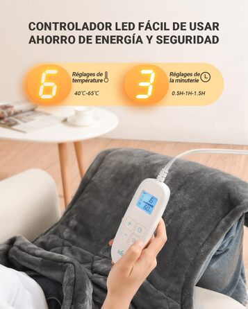 Електрична грілка iDOO 61x84 см з автовимкненням, для спини, шиї, плечей, 6 рівнів нагріву, таймер, сірий фланель, пральна